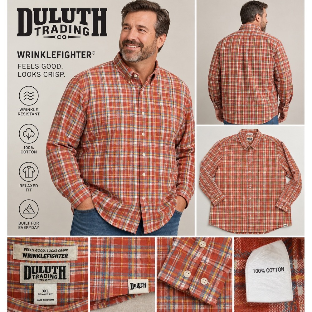 Duluth Trading Co Wrinklefighter Shirt Mens 3XL Plaid Relaxed Fit Cotton